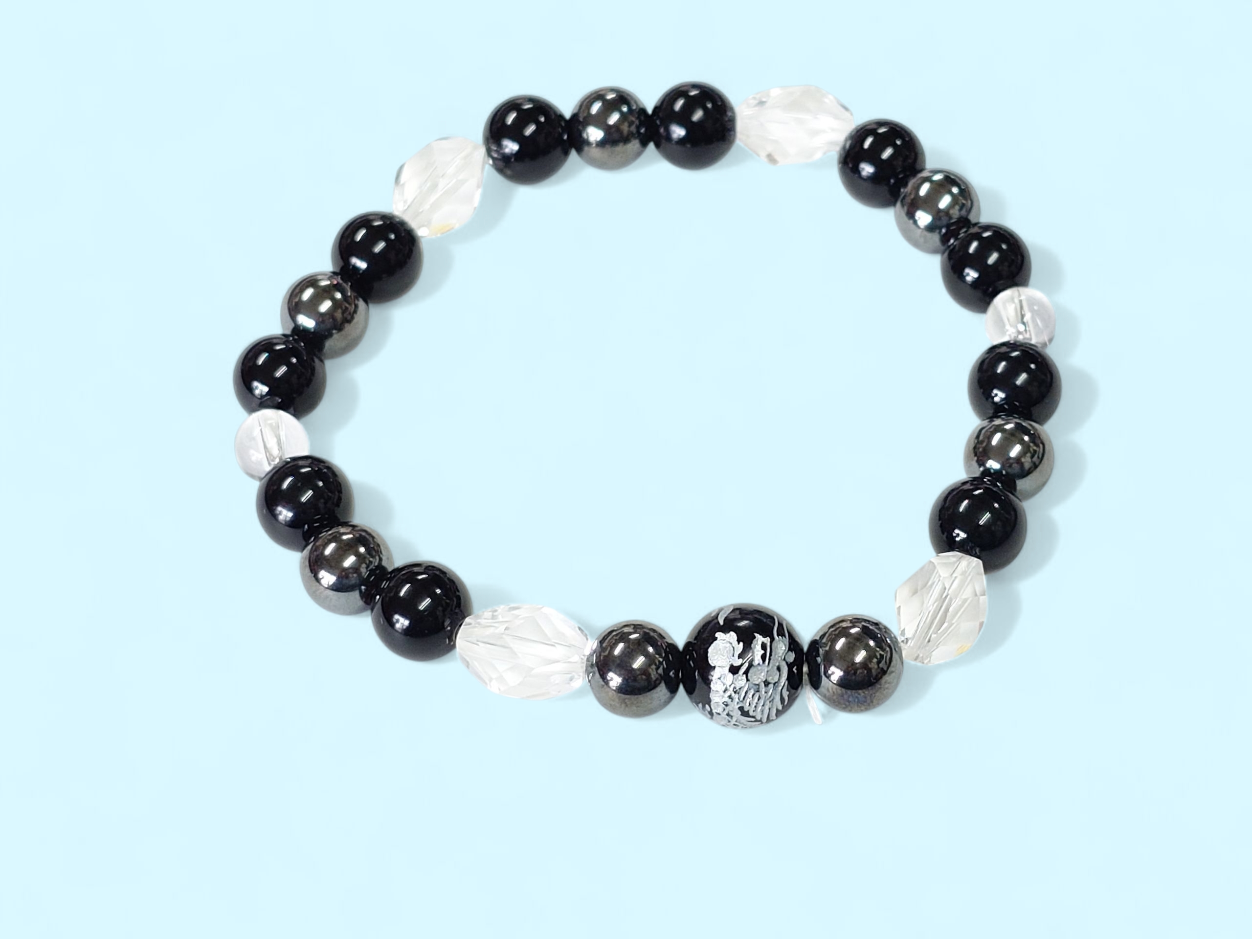 オニキス・水晶・ヘマタイト腕輪念珠（龍彫り付） 在庫限り